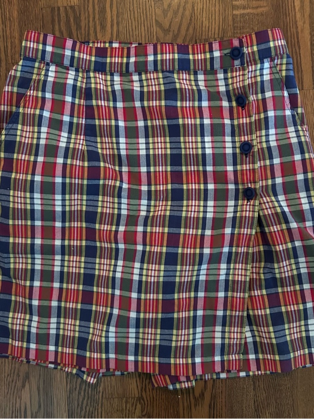 Plaid Button-Front Mini Skort in Red and Navy